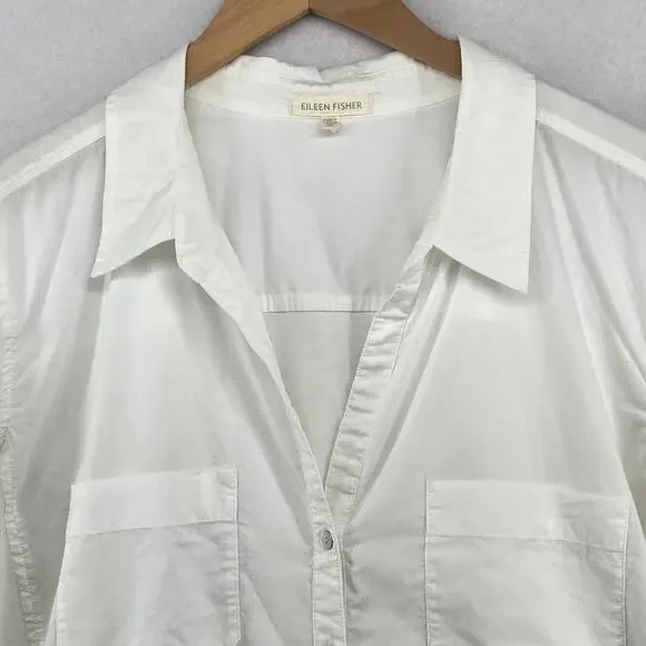 EILEEN FISHER Shirt XL Organic Cotton Woven Roll Tab Sleeve Button Front White - Picture 4 of 14